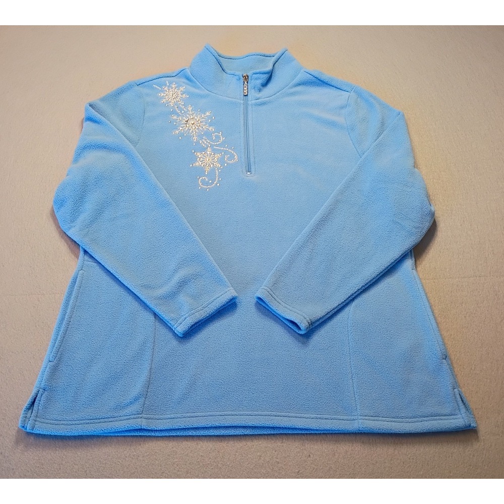 Quacker Factory Snowflake Pullover Blue 1/4 Zip Beaded Holiday‎ Sweater Winter L